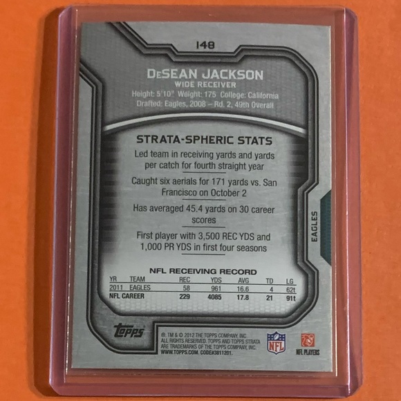 DeSean Jackson #148 2012 Topps Strata Football Trading Card - Picture 2 of 2